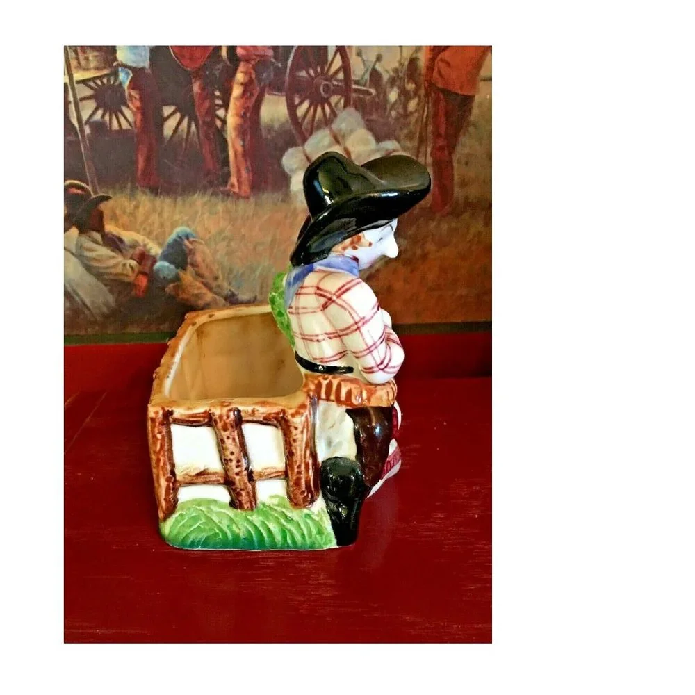 Vintage Western Cowboy Gunslinger Cactus Dog Planter Hand Painted Japan